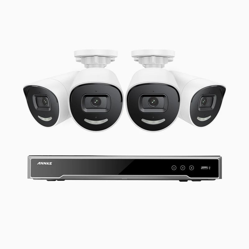 H800X - Kit de surveillance PoE 4K à 8 canaux avec 4 caméras, capteur BSI de 1/1,8", ouverture de f/1,6 (0,003 Lux), sirène et alarme stroboscopique, audio bidirectionnel, détection de présence humaine et de véhicules, protection périmétrique
