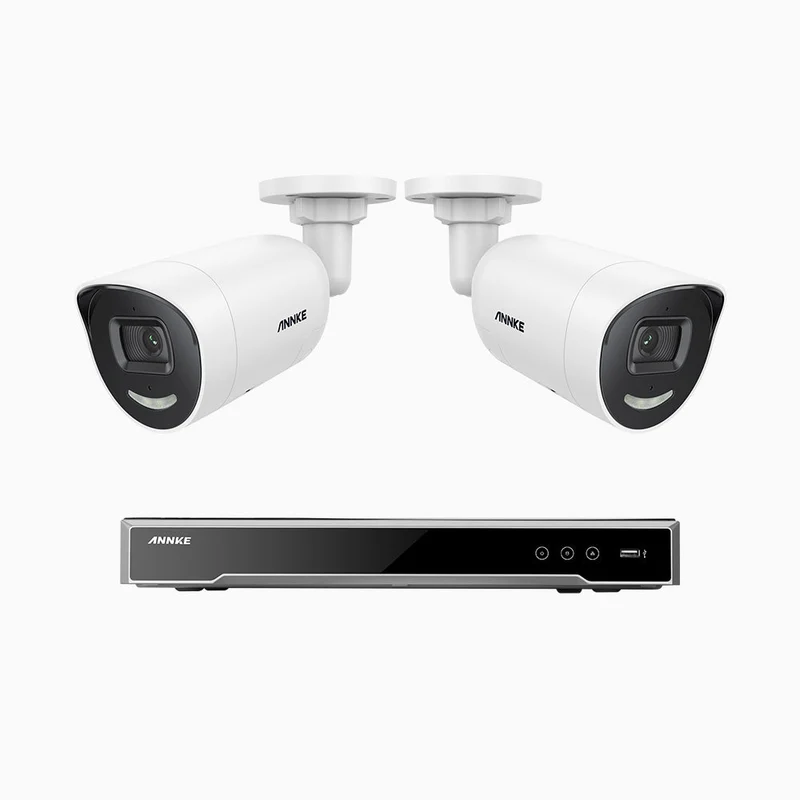 H800X - Kit de surveillance PoE 4K à 8 canaux avec 2 caméras, capteur BSI de 1/1,8", ouverture de f/1,6 (0,003 Lux), sirène et alarme stroboscopique, audio bidirectionnel, détection de présence humaine et de véhicules, protection périmétrique