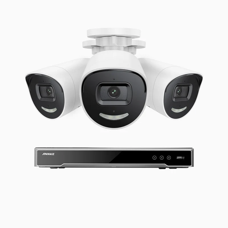 H800X - Kit de surveillance PoE 4K à 8 canaux avec 3 caméras, capteur BSI de 1/1,8", ouverture de f/1,6 (0,003 Lux), sirène et alarme stroboscopique, audio bidirectionnel, détection de présence humaine et de véhicules, protection périmétrique