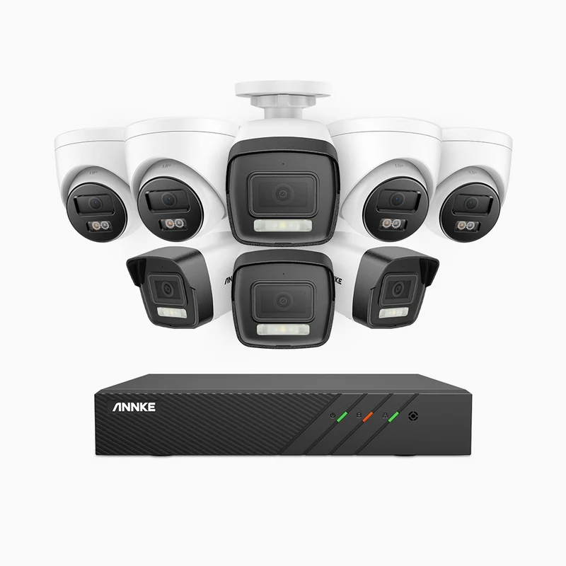 H500P - Kit de surveillance PoE 3K à 8 canaux avec 4 caméras bullet et 4 caméras tourelle, vision nocturne en couleur et infrarouge, 3072 × 1728 à 20 ips, Détection des personnes et des véhicules, Audio bidirectionnel, IP67