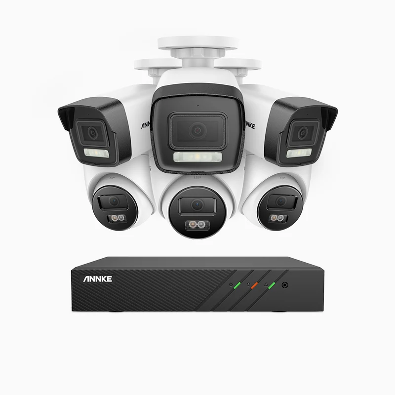 H500P - Kit de surveillance PoE 3K à 8 canaux avec 3 caméras bullet et 3 caméras tourelle, vision nocturne en couleur et infrarouge, 3072 × 1728 à 20 ips, Détection des personnes et des véhicules, Audio bidirectionnel, IP67