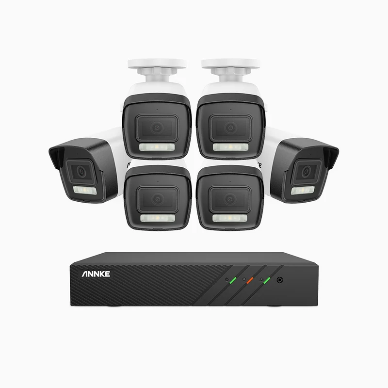 H500P - Kit de surveillance PoE 3K à 8 canaux avec 6 caméras, vision nocturne en couleur et infrarouge, 3072 × 1728 à 20 ips, Détection des personnes et des véhicules, Audio bidirectionnel, IP67