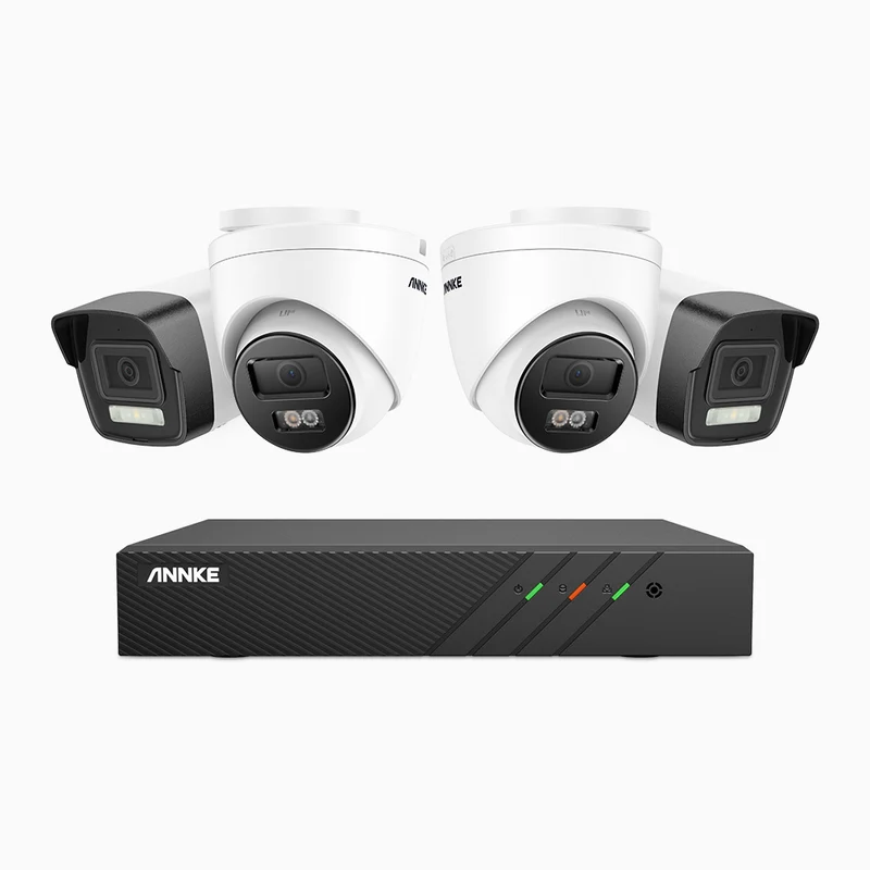 H500P - Kit de surveillance PoE 3K à 8 canaux avec 2 caméras bullet et 2 caméras tourelle, vision nocturne en couleur et infrarouge, 3072 × 1728 à 20 ips, Détection des personnes et des véhicules, Audio bidirectionnel, IP67