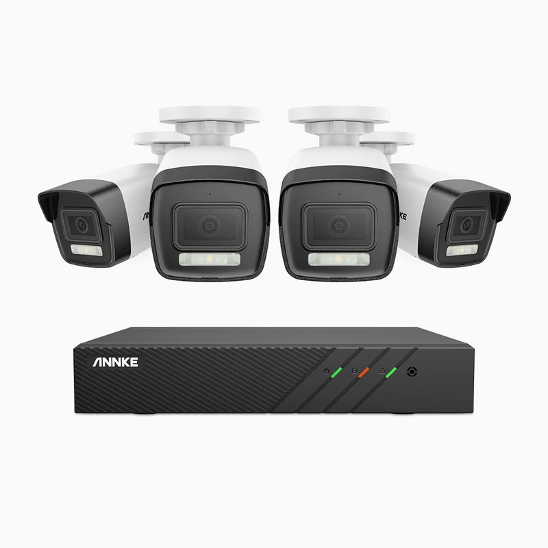 H500P - Kit de surveillance PoE 3K à 8 canaux avec 4 caméras, vision nocturne en couleur et infrarouge, 3072 × 1728 à 20 ips, Détection des personnes et des véhicules, Audio bidirectionnel, IP67