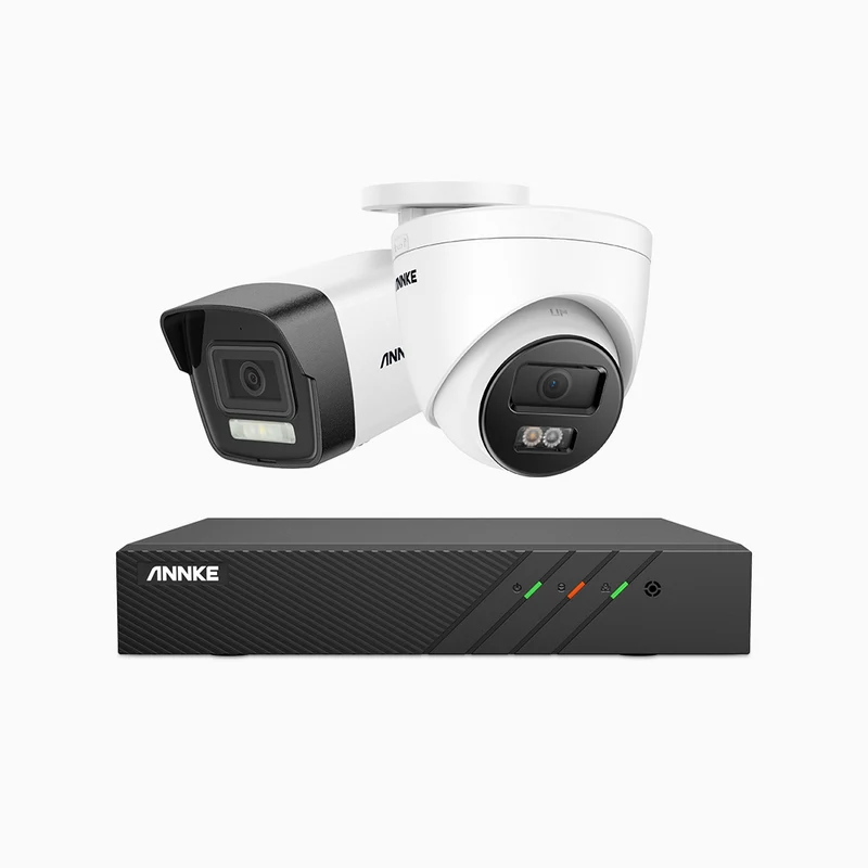 H500P - Kit de surveillance PoE 3K à 8 canaux avec 1 caméras bullet et 1 caméras tourelle, vision nocturne en couleur et infrarouge, 3072 × 1728 à 20 ips, Détection des personnes et des véhicules, Audio bidirectionnel, IP67