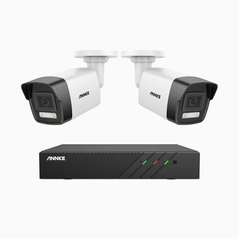 H500P - Kit de surveillance PoE 3K à 8 canaux avec 2 caméras, vision nocturne en couleur et infrarouge, 3072 × 1728 à 20 ips, Détection des personnes et des véhicules, Audio bidirectionnel, IP67