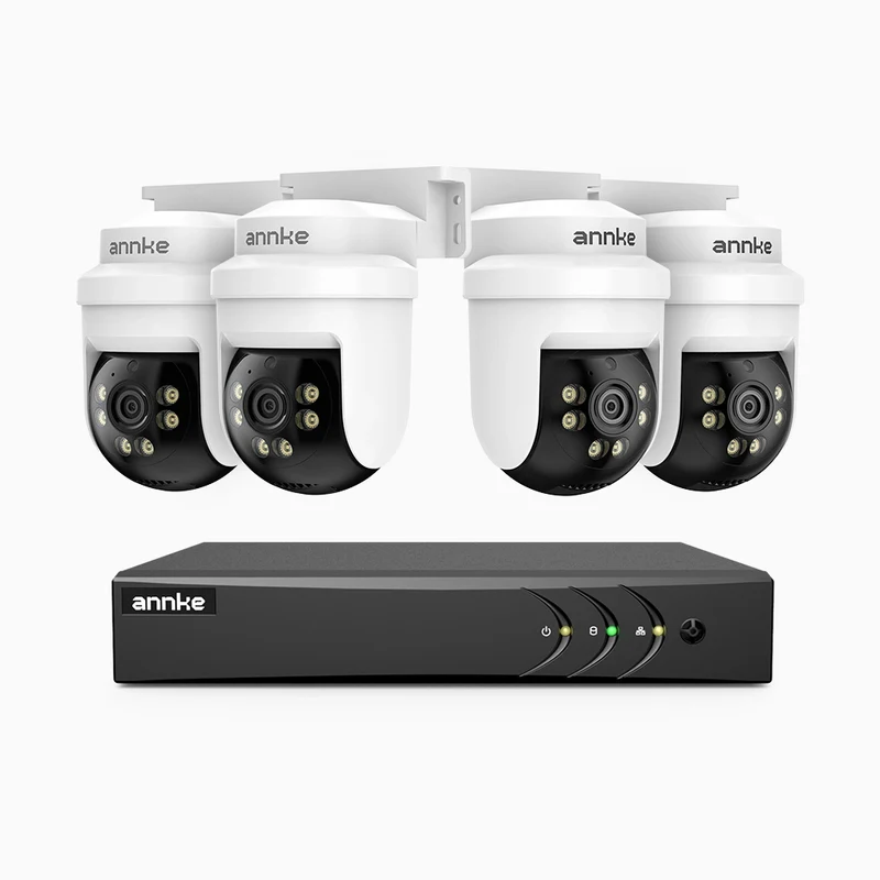 APTK500 - Kit de surveillance filaire 5MP à 8 canaux avec 4 caméras, orientation sur 350° et inclinaison sur 90°, vision nocturne infrarouge à 100 pieds, étanche IP65