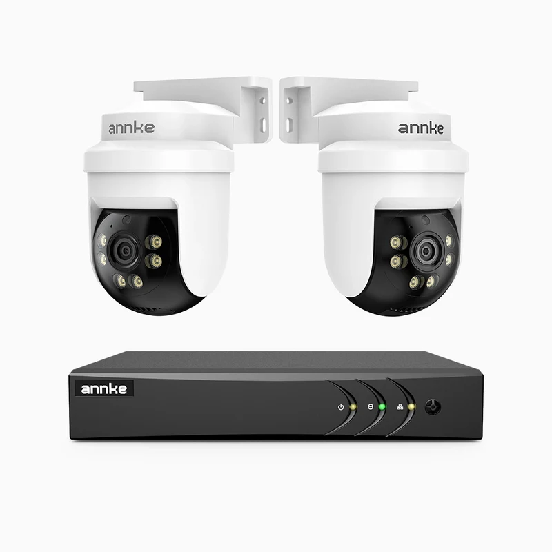 APTK500 - Kit de surveillance filaire 5MP à 4 canaux avec 2 caméras, orientation sur 350° et inclinaison sur 90°, vision nocturne infrarouge à 100 pieds, étanche IP65