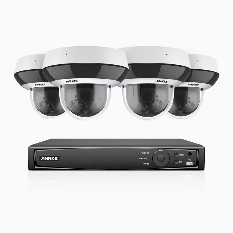 HZ504P - Kit de surveillance PoE 4MP à 8 canaux avec 4 PTZ caméras, Zoom 4X, 3072 × 1728 à 30 ips, vision nocturne en couleur, détection des personnes et des véhicules, audio bidirectionnel, IK10