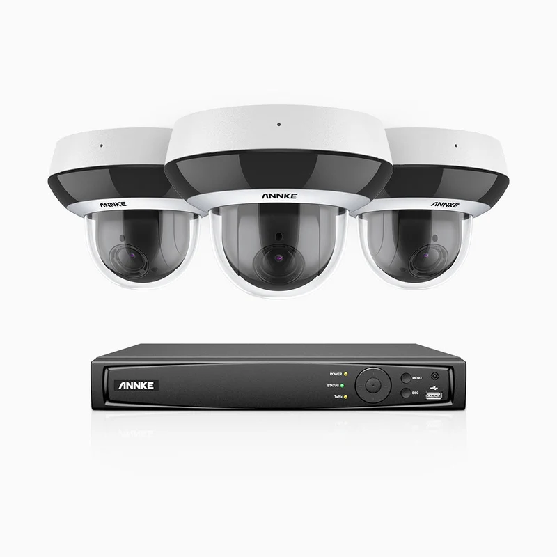 HZ504P - Kit de surveillance PoE 4MP à 8 canaux avec 3 PTZ caméras, Zoom 4X, 3072 × 1728 à 30 ips, vision nocturne en couleur, détection des personnes et des véhicules, audio bidirectionnel, IK10