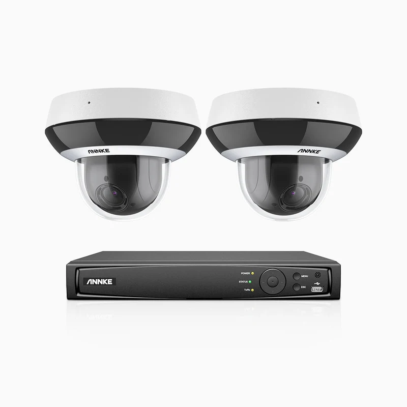 HZ504P - Kit de surveillance PoE 4MP à 8 canaux avec 2 PTZ caméras, Zoom 4X, 3072 × 1728 à 30 ips, vision nocturne en couleur, détection des personnes et des véhicules, audio bidirectionnel, IK10