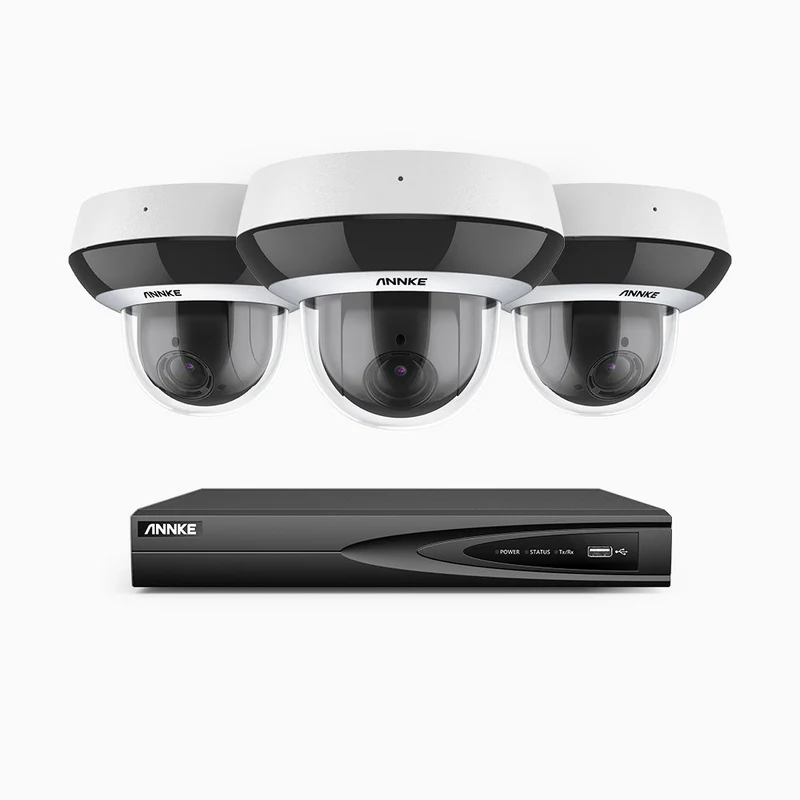 HZ504P - Kit de surveillance PoE 4MP à 4 canaux avec 3 PTZ caméras, Zoom 4X, 3072 × 1728 à 30 ips, vision nocturne en couleur, détection des personnes et des véhicules, audio bidirectionnel, IK10