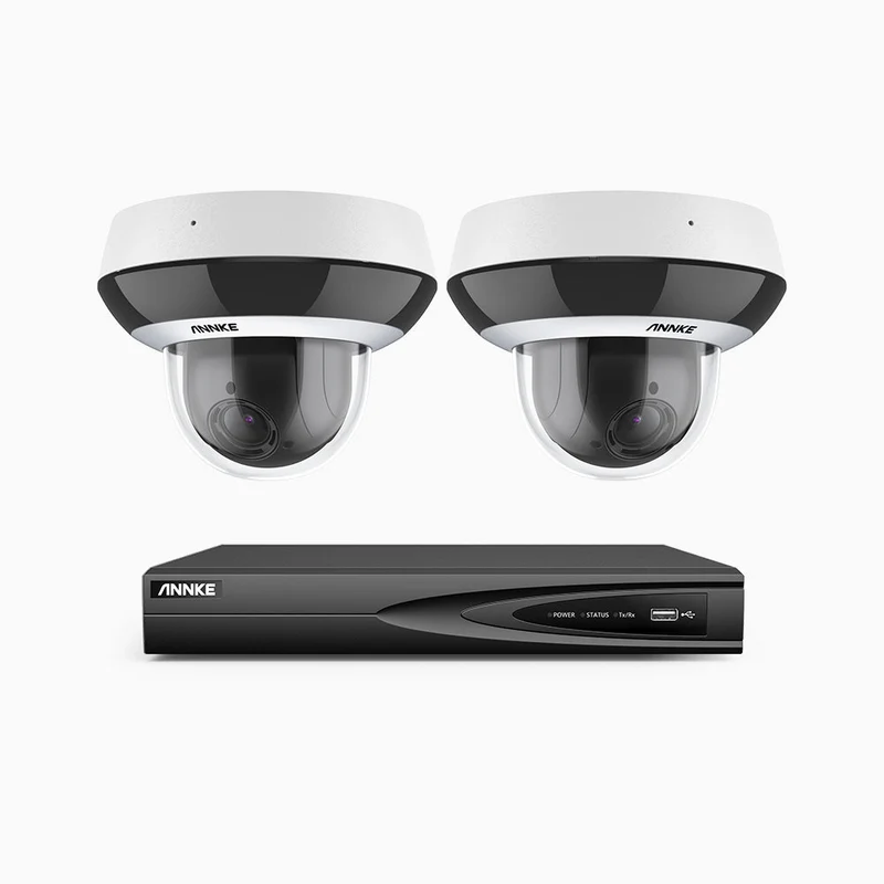 HZ504P - Kit de surveillance PoE 4MP à 4 canaux avec 2 PTZ caméras, Zoom 4X, 3072 × 1728 à 30 ips, vision nocturne en couleur, détection des personnes et des véhicules, audio bidirectionnel, IK10