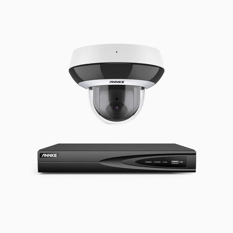 HZ504P - Kit de surveillance PoE 4MP à 4 canaux avec 1 PTZ caméras, Zoom 4X, 3072 × 1728 à 30 ips, vision nocturne en couleur, détection des personnes et des véhicules, audio bidirectionnel, IK10