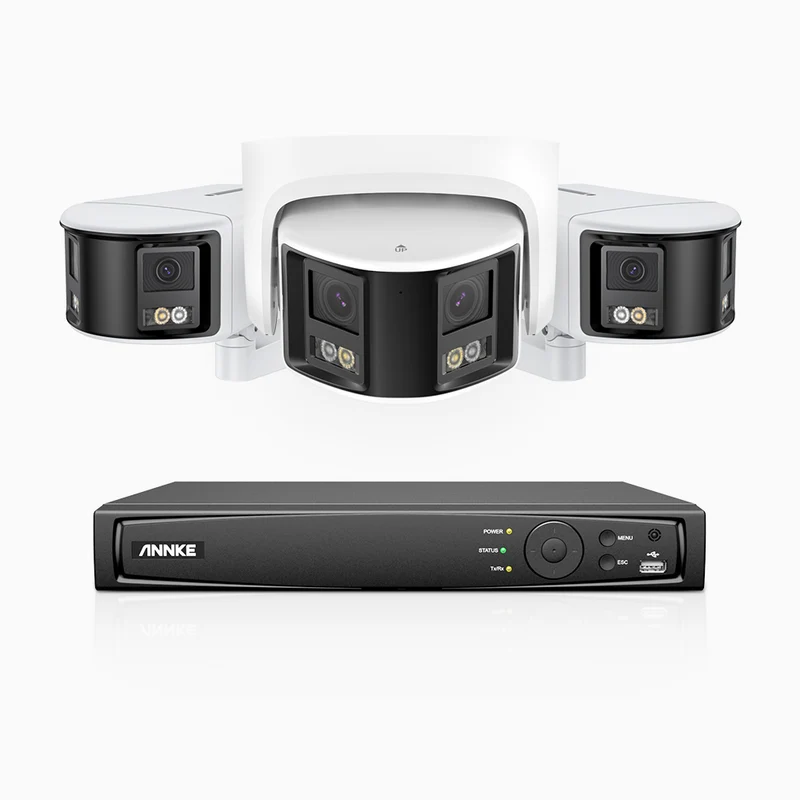 FDH600 - Kit de surveillance PoE 6MP à 8 canaux avec 2 caméras bullet et 1 caméras tourelle, double objectif, ultra grand angle 180°, super ouverture f/1.2, micro intégré, Détection Intelligente de Mouvement