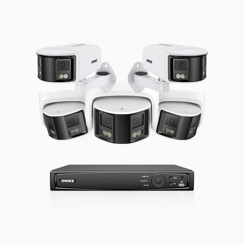 FDH600 - Kit de surveillance PoE 6MP à 8 canaux avec 2 caméras bullet et 3 caméras tourelle, double objectif, ultra grand angle 180°, super ouverture f/1.2, micro intégré, Détection Intelligente de Mouvement