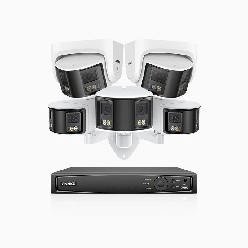 FDH600 - Kit de surveillance PoE 6MP à 8 canaux avec 3 caméras bullet et 2 caméras tourelle, double objectif, ultra grand angle 180°, super ouverture f/1.2, micro intégré, Détection Intelligente de Mouvement