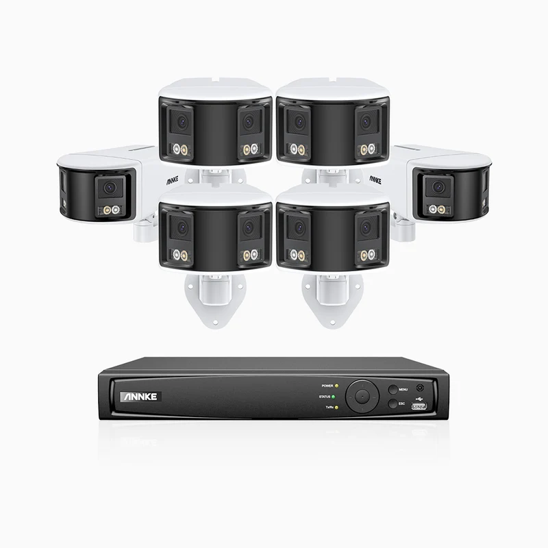 FDH600 - Kit de surveillance PoE 6MP à 8 canaux avec 6 caméras, double objectif, ultra grand angle 180°, super ouverture f/1.2, micro intégré, sirène et alarme actives, Détection Intelligente de Mouvement