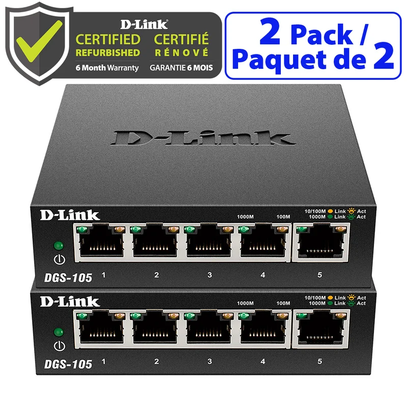 [Certified Refurbished] 5-Port Gigabit Metal Desktop Switch 2pk - DGS-105/2PK RE