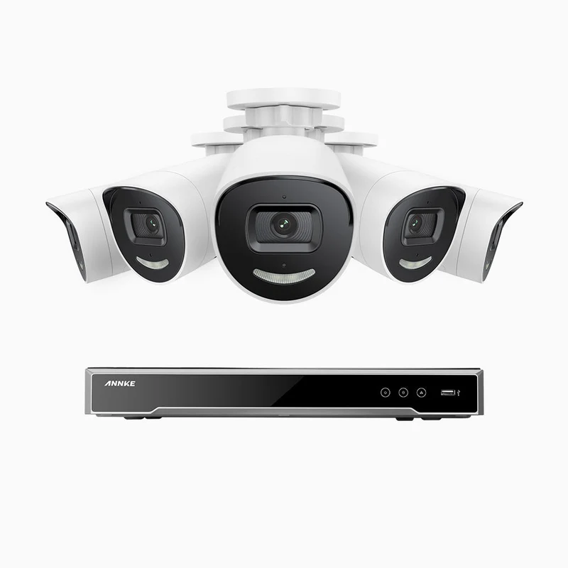 H800X - Kit de surveillance PoE 4K à 8 canaux avec 5 caméras, capteur BSI de 1/1,8", ouverture de f/1,6 (0,003 Lux), sirène et alarme stroboscopique, audio bidirectionnel, détection de présence humaine et de véhicules, protection périmétrique