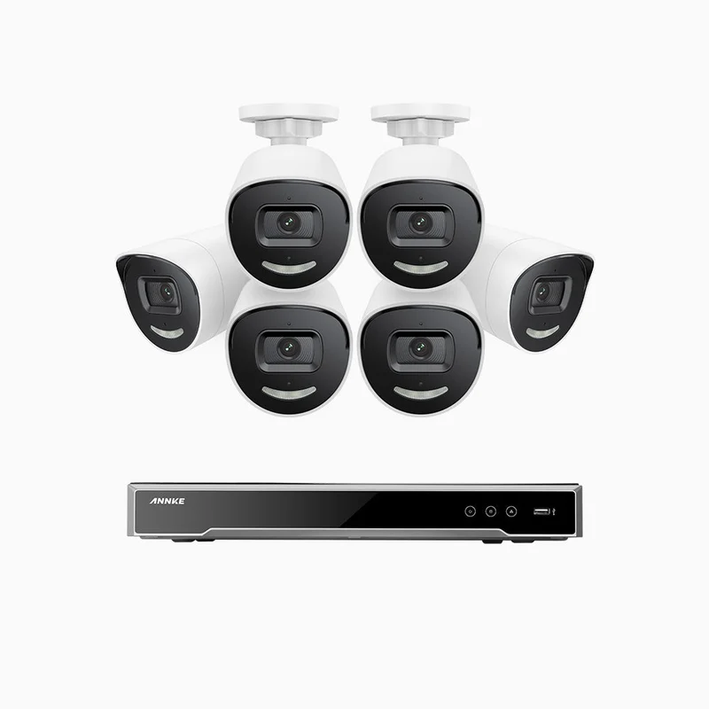H800X - Kit de surveillance PoE 4K à 8 canaux avec 6 caméras, capteur BSI de 1/1,8", ouverture de f/1,6 (0,003 Lux), sirène et alarme stroboscopique, audio bidirectionnel, détection de présence humaine et de véhicules, protection périmétrique
