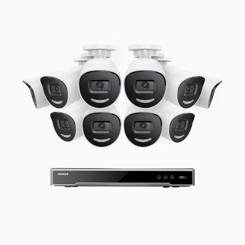 H800X - Kit de surveillance PoE 4K à 16 canaux avec 10 caméras, capteur BSI de 1/1,8", ouverture de f/1,6 (0,003 Lux), sirène et alarme stroboscopique, audio bidirectionnel, détection de présence humaine et de véhicules, protection périmétrique