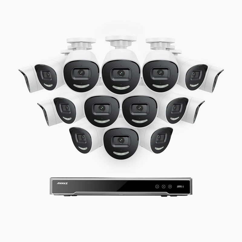 H800X - Kit de surveillance PoE 4K à 16 canaux avec 16 caméras, capteur BSI de 1/1,8", ouverture de f/1,6 (0,003 Lux), sirène et alarme stroboscopique, audio bidirectionnel, détection de présence humaine et de véhicules, protection périmétrique