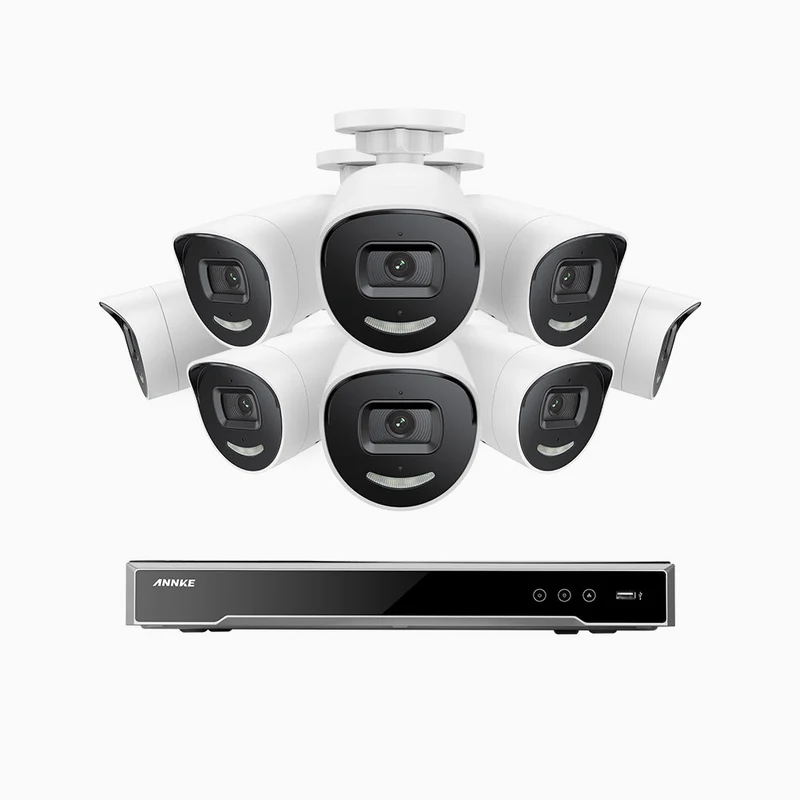 H800X - Kit de surveillance PoE 4K à 16 canaux avec 8 caméras, capteur BSI de 1/1,8", ouverture de f/1,6 (0,003 Lux), sirène et alarme stroboscopique, audio bidirectionnel, détection de présence humaine et de véhicules, protection périmétrique