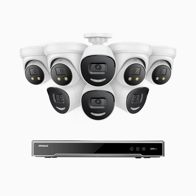 H800X - Kit de surveillance PoE 4K à 8 canaux avec 4 caméras bullet et 4 caméras Tourelle, capteur BSI de 1/1,8", ouverture de f/1,6 (0,003 Lux), sirène et alarme stroboscopique, audio bidirectionnel, détection de présence humaine et de véhicules