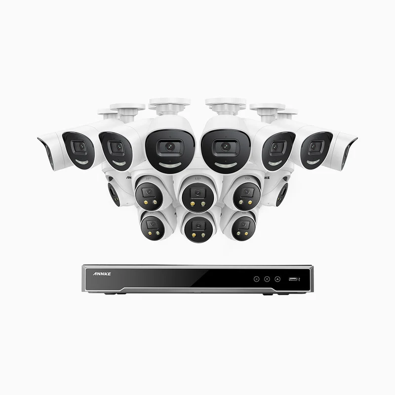 H800X - Kit de surveillance PoE 4K à 16 canaux avec 8 caméras bullet et 8 caméras Tourelle, capteur BSI de 1/1,8", ouverture de f/1,6 (0,003 Lux), sirène et alarme stroboscopique, audio bidirectionnel, détection de présence humaine et de véhicules
