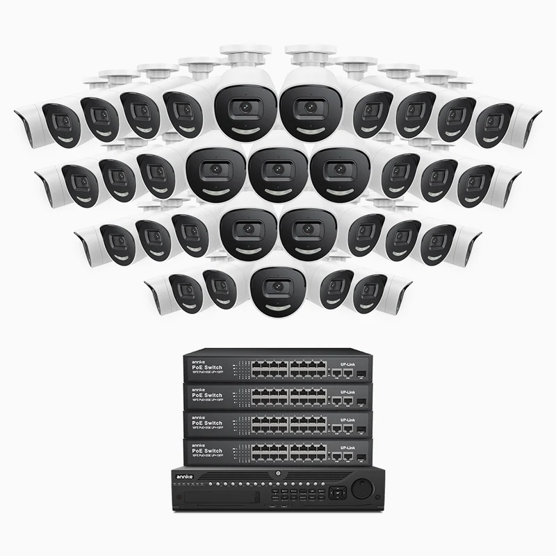H800X - Kit de surveillance PoE 4K à 64 canaux avec 40 caméras, capteur BSI de 1/1,8", ouverture de f/1,6 (0,003 Lux), sirène et alarme stroboscopique, audio bidirectionnel, détection de présence humaine et de véhicules, protection périmétrique