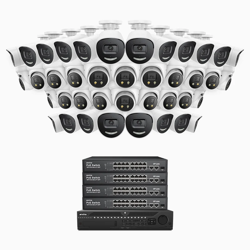 H800X - Kit de surveillance PoE 4K à 64 canaux avec 20 caméras bullet et 20 caméras Tourelle, capteur BSI de 1/1,8", ouverture de f/1,6 (0,003 Lux), sirène et alarme stroboscopique, audio bidirectionnel, détection de présence humaine et de véhicules