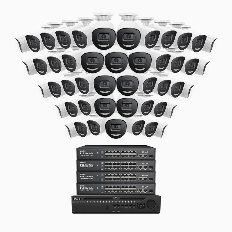 H800X - Kit de surveillance PoE 4K à 64 canaux avec 48 caméras, capteur BSI de 1/1,8", ouverture de f/1,6 (0,003 Lux), sirène et alarme stroboscopique, audio bidirectionnel, détection de présence humaine et de véhicules, protection périmétrique