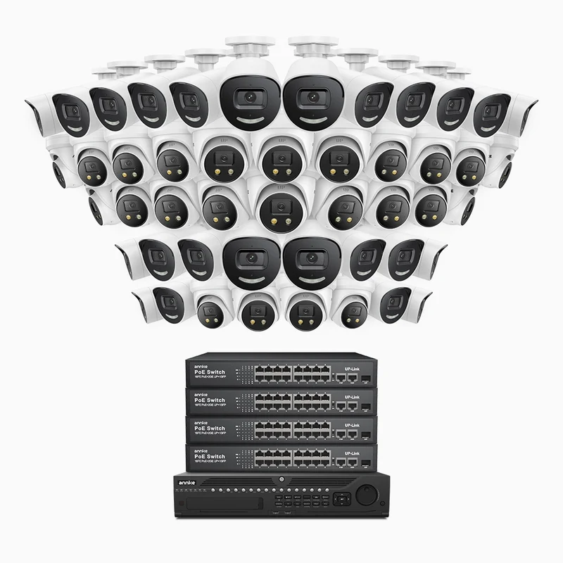 H800X - Kit de surveillance PoE 4K à 64 canaux avec 24 caméras bullet et 24 caméras Tourelle, capteur BSI de 1/1,8", ouverture de f/1,6 (0,003 Lux), sirène et alarme stroboscopique, audio bidirectionnel, détection de présence humaine et de véhicules