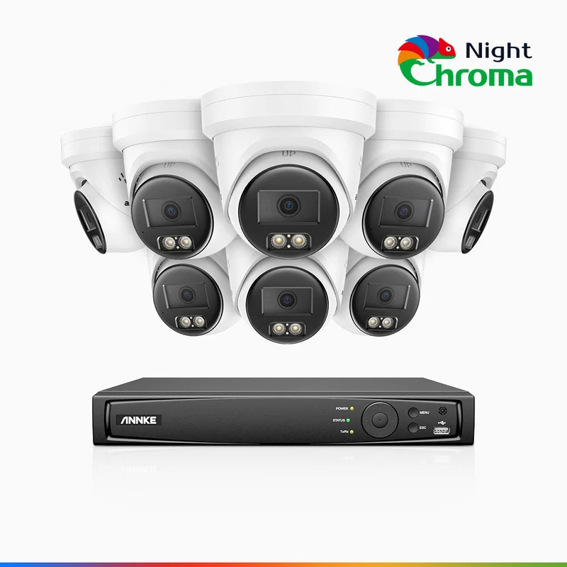 NightChroma™ NBRK800 - Kit de Surveillance 4K à 8 Canaux avec 8 Caméras, Alarme Rouge et Bleue, 3840x2160@25 fps, Vision Nocturne en Couleur et Infrarouge, Détection Personnes-Véhicules, Analyse Comportementale Intelligente, Audio Bidirectionnel, IP67