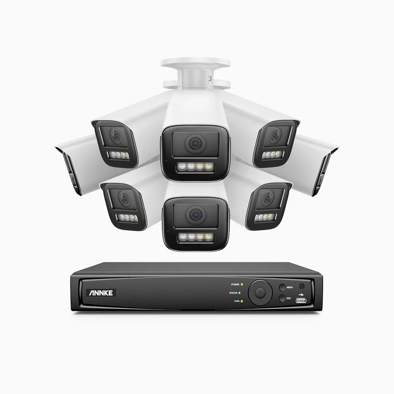 HZ804 - Kit de surveillance 4K à 8 canaux avec 8 PoE caméras, Zoom optique 4X, vision nocturne à deux lumières, détection de mouvement 2.0, Microphone intégré, sirène et alarme stroboscopique