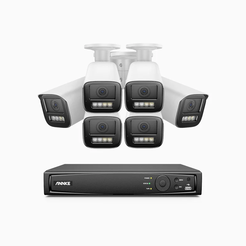 HZ804 - Kit de surveillance 4K à 8 canaux avec 6 PoE caméras, Zoom optique 4X, vision nocturne à deux lumières, détection de mouvement 2.0, Microphone intégré, sirène et alarme stroboscopique
