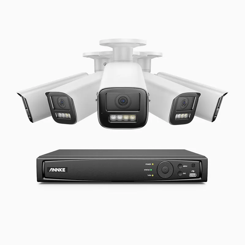 HZ804 - Kit de surveillance 4K à 8 canaux avec 5 PoE caméras, Zoom optique 4X, vision nocturne à deux lumières, détection de mouvement 2.0, Microphone intégré, sirène et alarme stroboscopique