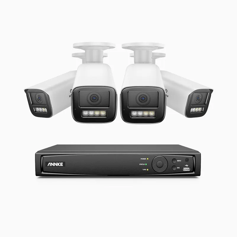 HZ804 - Kit de surveillance 4K à 8 canaux avec 4 PoE caméras, Zoom optique 4X, vision nocturne à deux lumières, détection de mouvement 2.0, Microphone intégré, sirène et alarme stroboscopique