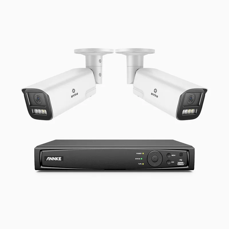 HZ804 - Kit de surveillance 4K à 8 canaux avec 2 PoE caméras, Zoom optique 4X, vision nocturne à deux lumières, détection de mouvement 2.0, Microphone intégré, sirène et alarme stroboscopique