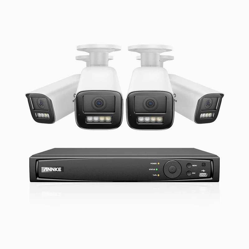 HZ804 - Kit de surveillance 4K à 4 canaux avec 4 PoE caméras, Zoom optique 4X, vision nocturne à deux lumières, détection de mouvement 2.0, Microphone intégré, sirène et alarme stroboscopique