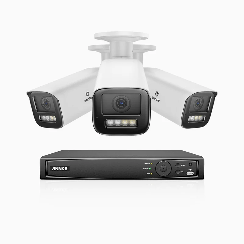 HZ804 - Kit de surveillance 4K à 4 canaux avec 3 PoE caméras, Zoom optique 4X, vision nocturne à deux lumières, détection de mouvement 2.0, Microphone intégré, sirène et alarme stroboscopique