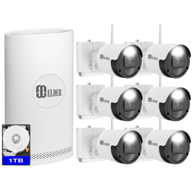 Elder Wireless Security Camera System 1TB Wire-Free, 8Ch NVR 6-Camera Battery WiFi 2K+ Surveillance Outdoor & Two-Way Talk