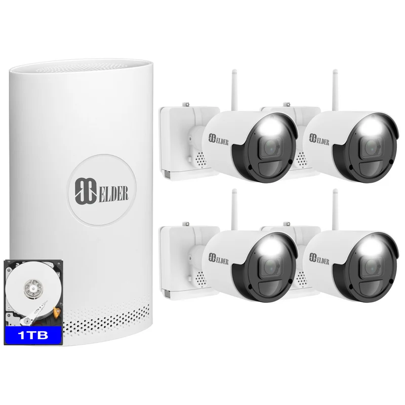 Elder Wireless Security Camera System 1TB Wire-Free, 8Ch NVR 4-Camera Battery WiFi 2K+ Surveillance Outdoor & Two-Way Talk - Certified Open Box