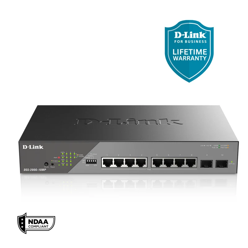 D-Link 8-Port Gigabit PoE+ Smart Managed Switch with 2 SFP Ports - DSS-200G-10MP