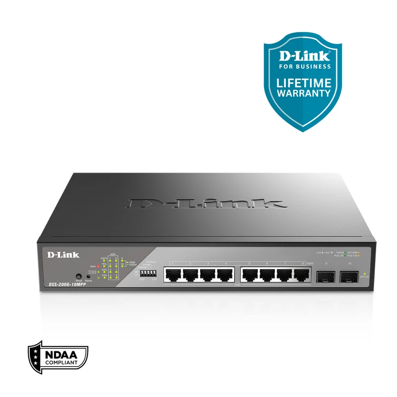 D-Link 8-Port Gigabit PoE++ Smart Managed Switch with 2 SFP Ports - DSS-200G-10MPP