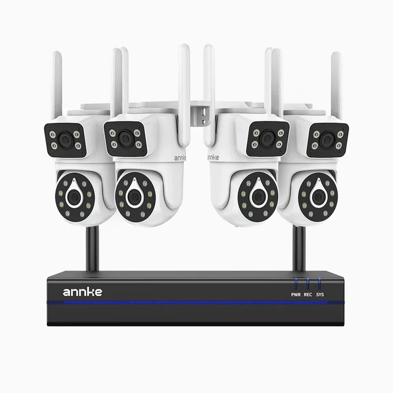 WCDS400 - Kit vidéo surveillance sans fil 4MP à 8 canaux avec 4 caméras, WiFi bi-bande, 350° Pan & 90° Tilt, vision nocturne à double éclairage, détection de mouvement, audio bidirectionnel, compatible Alexa