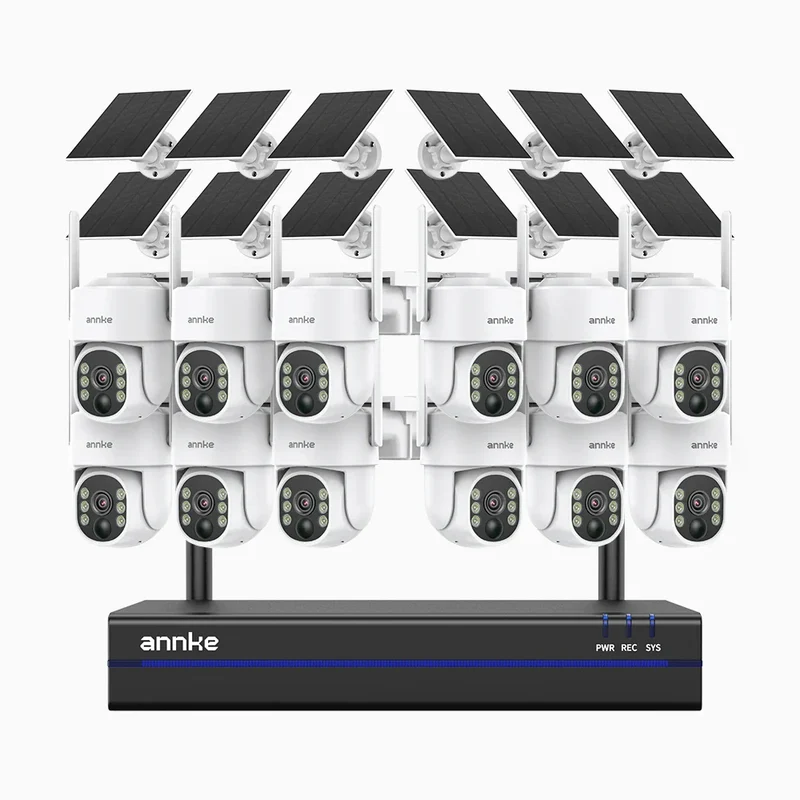 WBS400 - Kit vidéo surveillance sans fil 4MP à 16 canaux avec 12 caméras, WiFi Bi-Bande, Pan 270° & Tilt 90°, Batterie 9000 mAh & Panneau Solaire, Détection de Mouvement, Audio Bidirectionnel