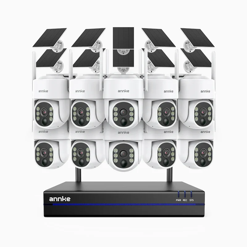 WBS400 - Kit vidéo surveillance sans fil 4MP à 16 canaux avec 10 caméras, WiFi Bi-Bande, Pan 270° & Tilt 90°, Batterie 9000 mAh & Panneau Solaire, Détection de Mouvement, Audio Bidirectionnel