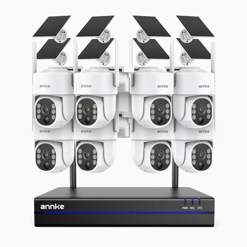 WBS400 - Kit vidéo surveillance sans fil 4MP à 8 canaux avec 8 caméras, WiFi Bi-Bande, Pan 270° & Tilt 90°, Batterie 9000 mAh & Panneau Solaire, Détection de Mouvement, Audio Bidirectionnel